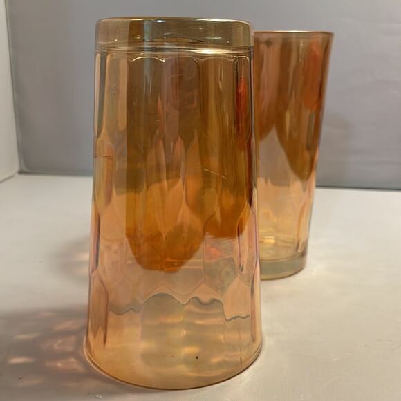 Pair Jeannette Hex Optic Iridescent Carnival Glass Flat Tumble Drinking Glasses - Picture 5 of 7